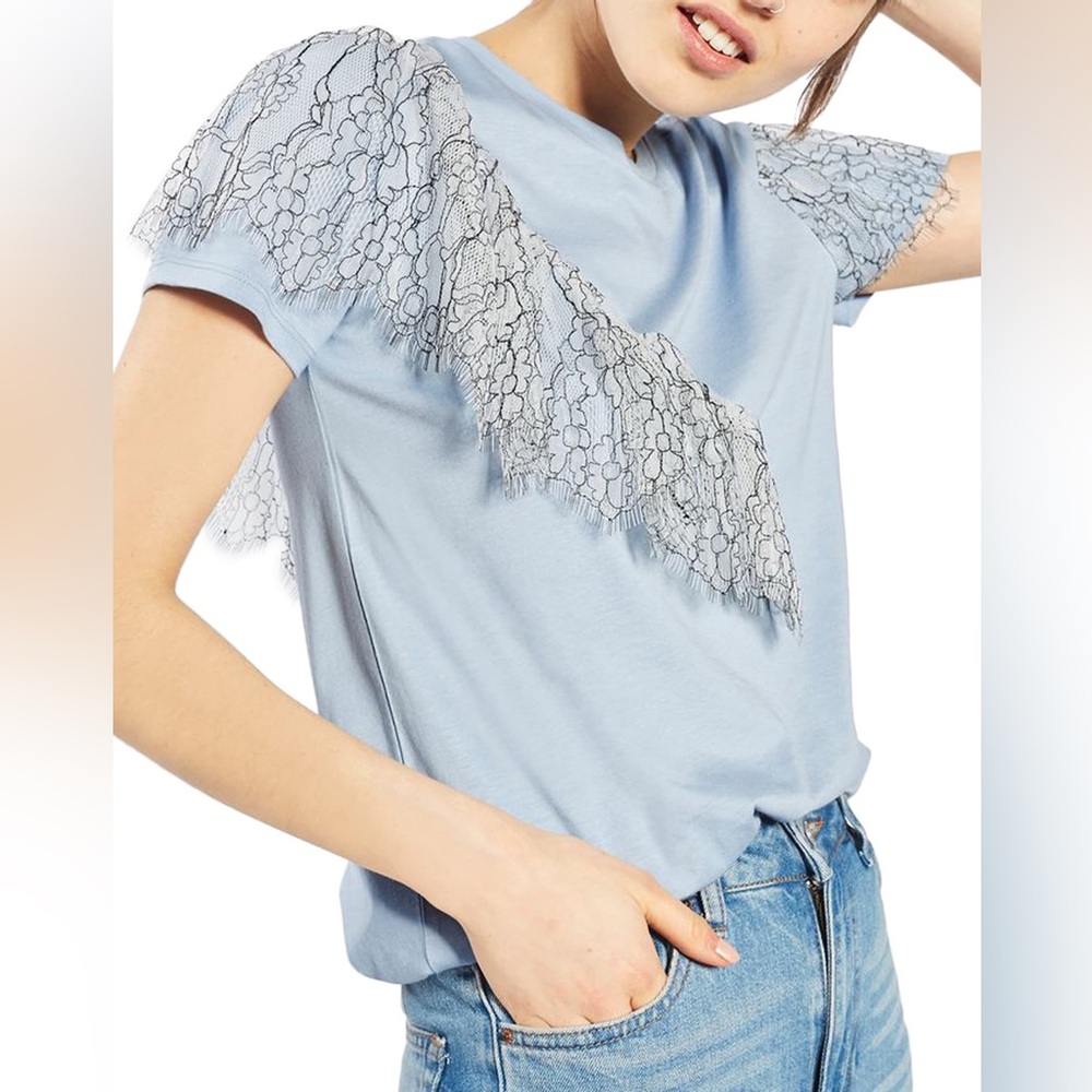 Topshop Light Blue Short Sleeve T-shirt Sheer Lace Ruffle Overlay Artsy Fairy